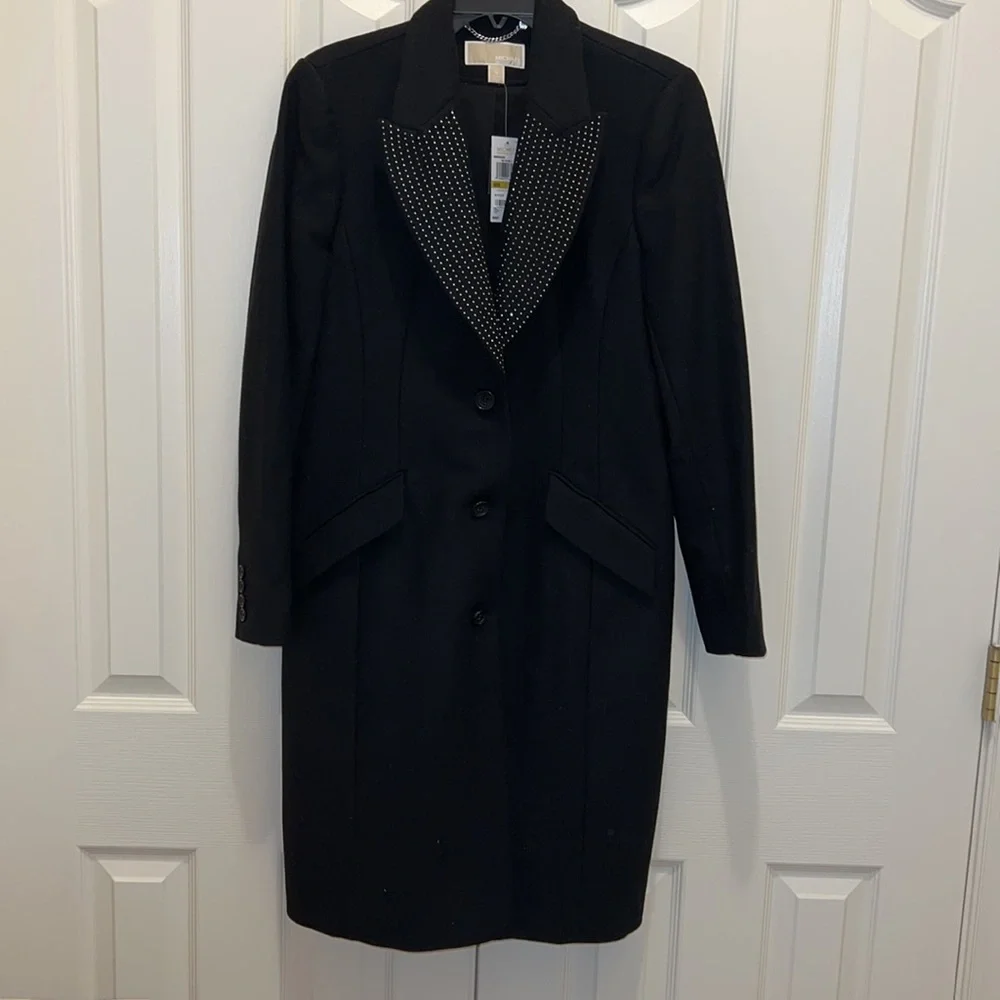 MICHAEL Michael Kors Black Studded Lapel Wool Elegant Coat